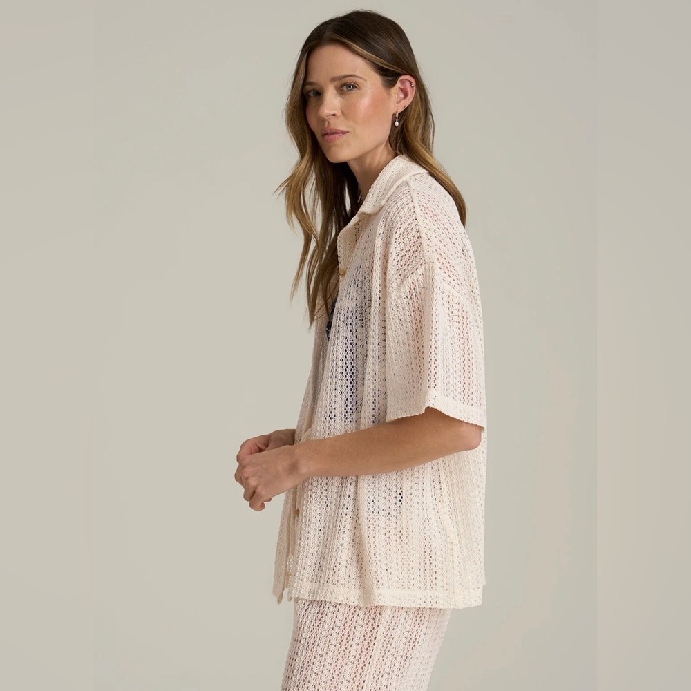 American Tall Openwork Loose Knit short Sleeve  Top natural Cream S Button down - Picture 5 of 8